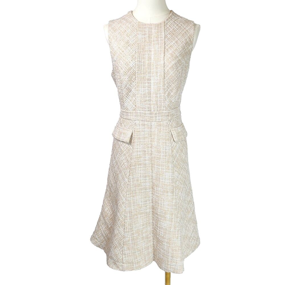 MOTF Gold Cream Boucle Tweed Sleeveless A-Line Flare Midi Dress L Quiet Luxury